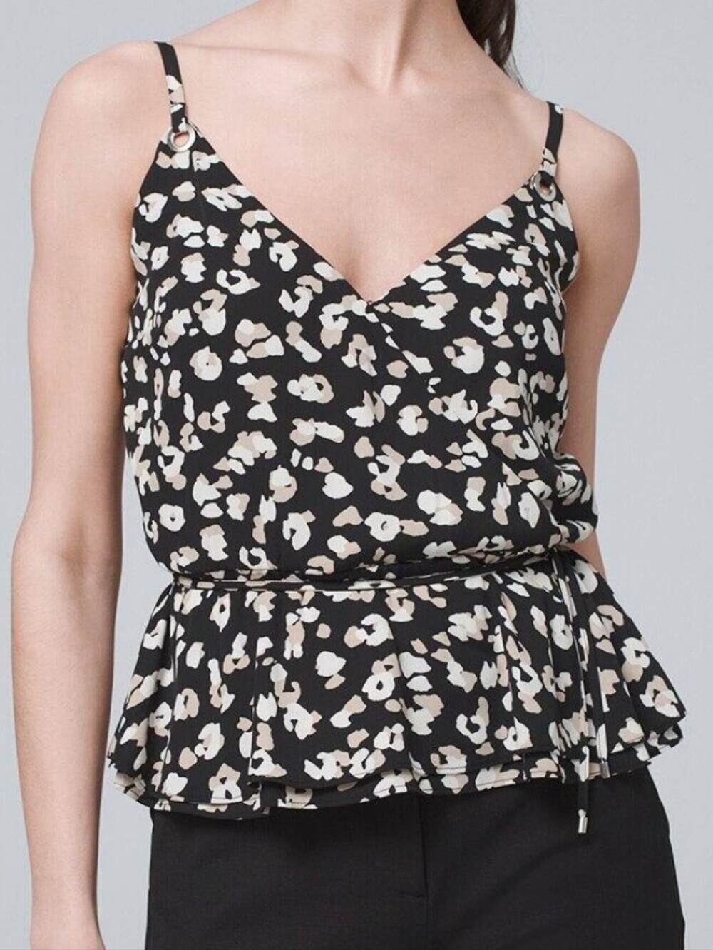 WHBM Black White & Tan Metal Hardware Faux Wrap Tank Top, Size Small